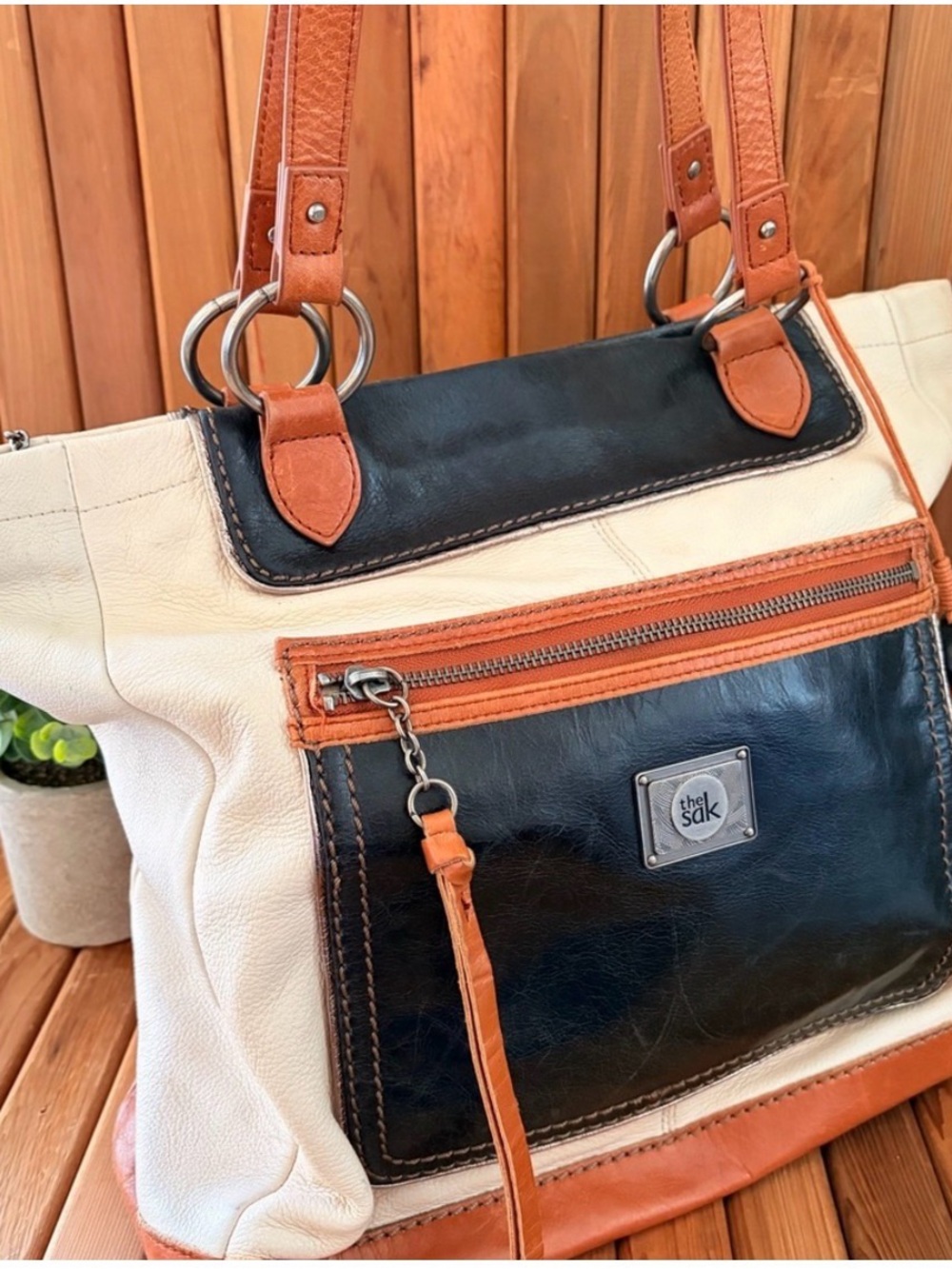 The‎ Sak Colorblock Leather Tote Shoulder Bag Cream Brown Navy Work